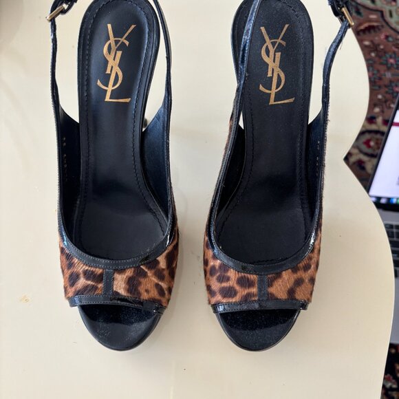 Saint Laurent Leopard Calf Hair Leather Slingback Platform Heels – Size 38 - Picture 10 of 11